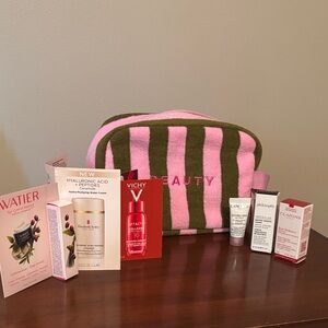 Pink and Green Striped Beauty Bag with Skincare Samples
